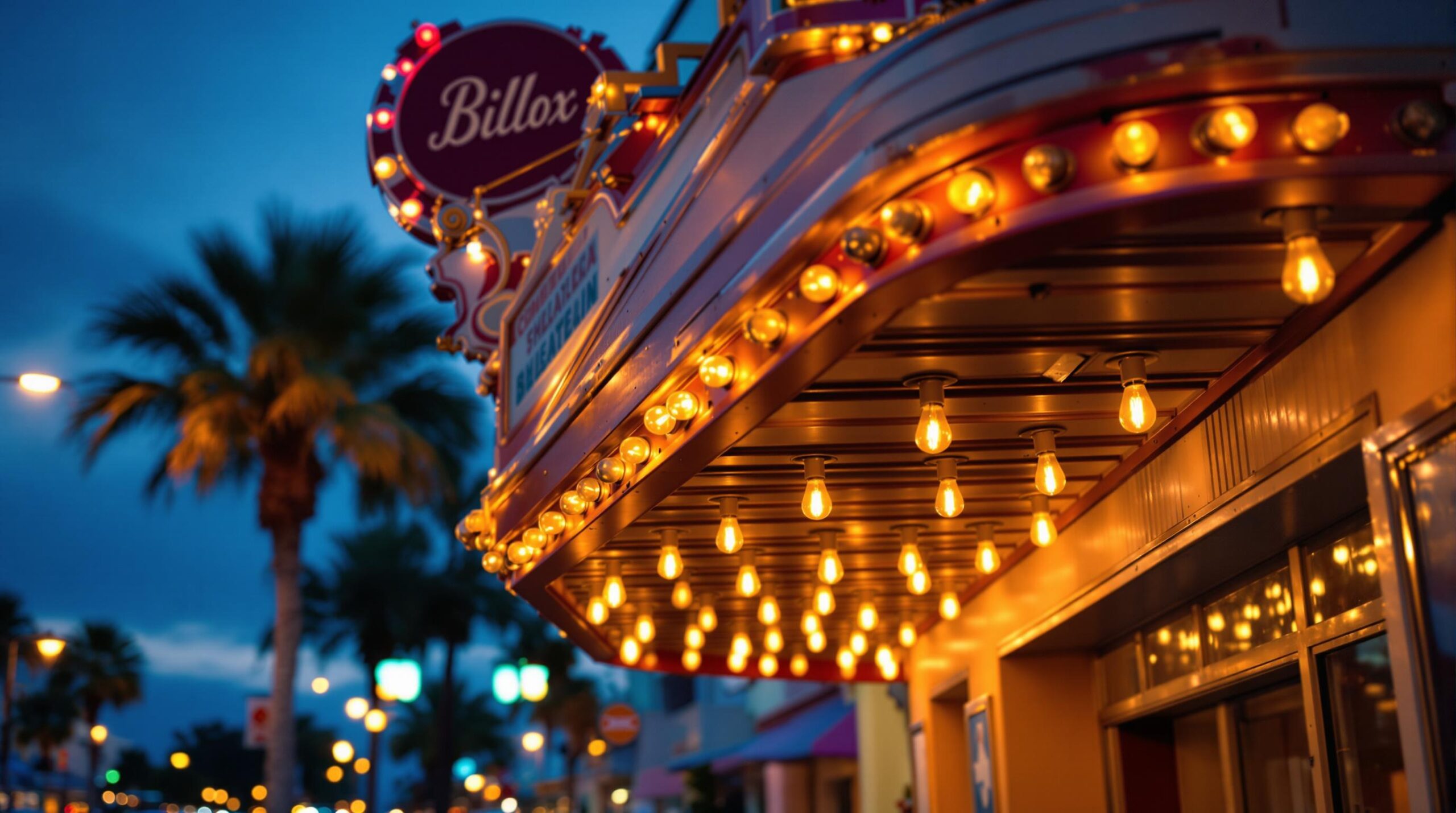 Restored vintage theater marquee glowing with rows of warm lights at dusk, palm fronds and softly blurred storefronts in the background, evoking nostalgic Southern charm.