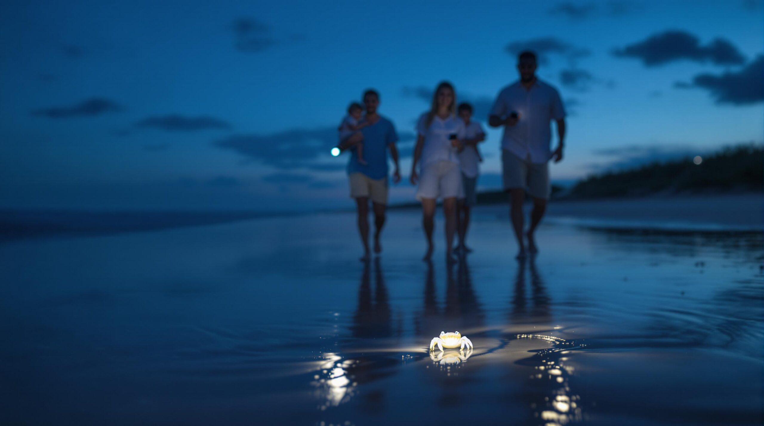 A family with two children and flashlights observes a small ghost crab on wet sand during a twilight walk on a Gulf Coast beach, with gentle waves and sea oats in the background.