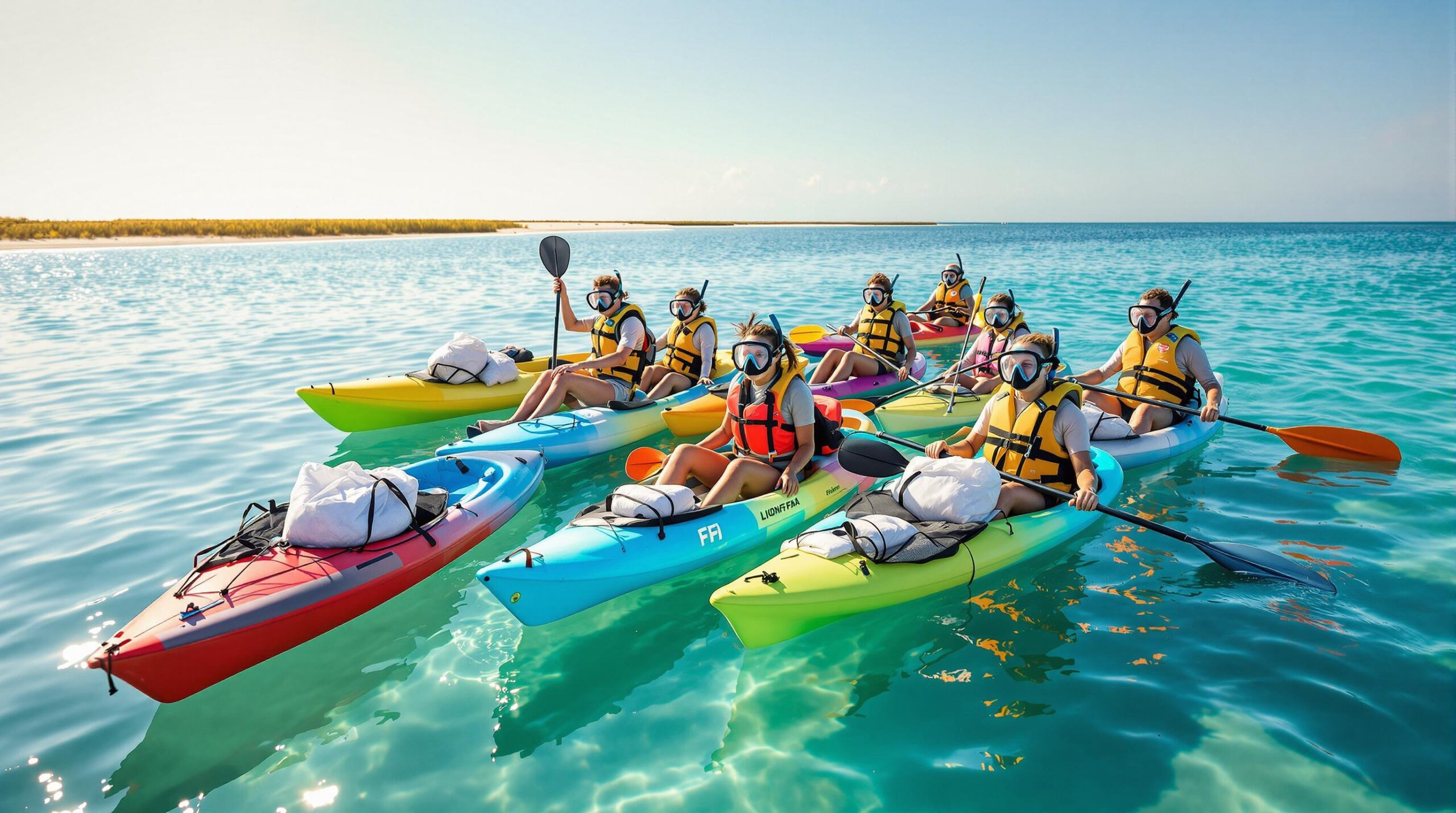 A realistic stock photo of eco-volunteers in colorful kayaks on calm Gulf Coast water, preparing for lionfish removal near Biloxi, Mississippi, with snorkel gear and collection bags, captured during early morning sunlight with a blurred shoreline in the background.