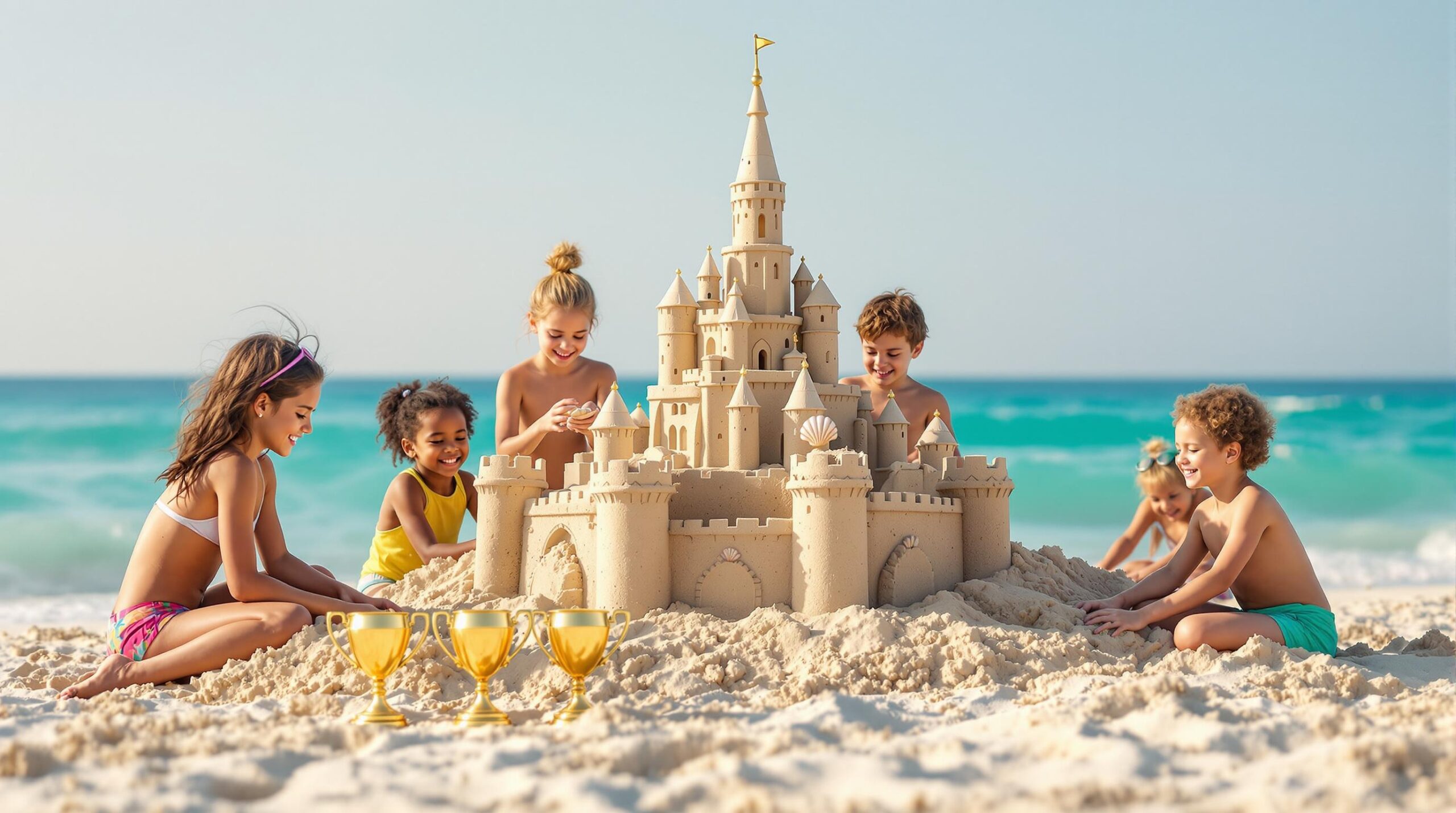 A group of children build a detailed sandcastle on a sunny beach, with small gold trophies placed nearby, gentle waves and a bright sky in the background.