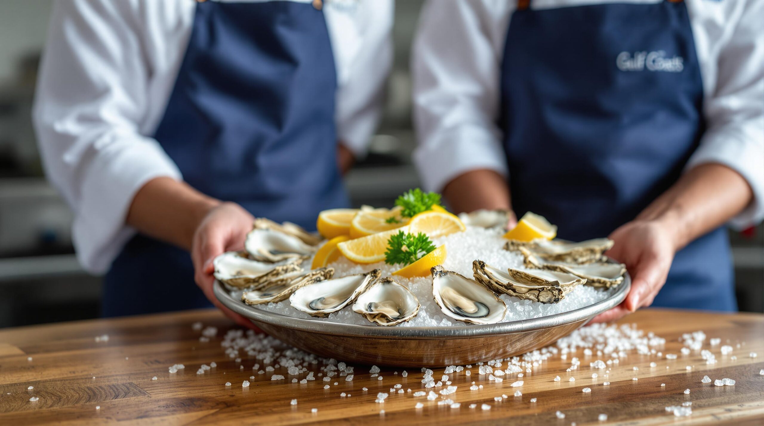 Two chefs in white jackets and navy aprons present a platter of fresh Gulf oysters on ice, with lemon wedges and parsley, in a professional kitchen with a softly blurred background.