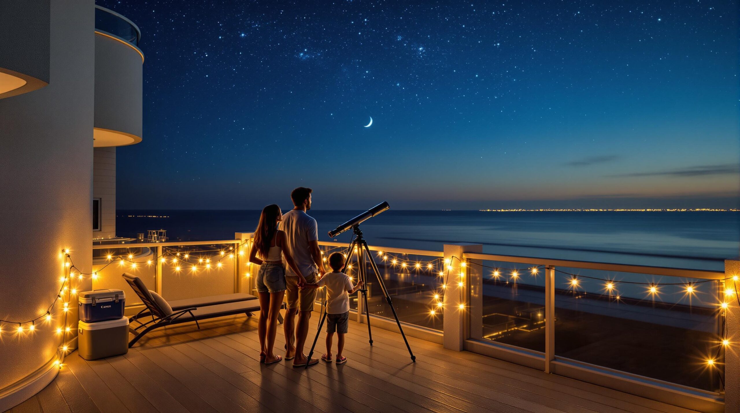 A diverse family of four gathers on a rooftop terrace in Biloxi at night, looking through a telescope under a starry sky with string lights and city glow in the background.