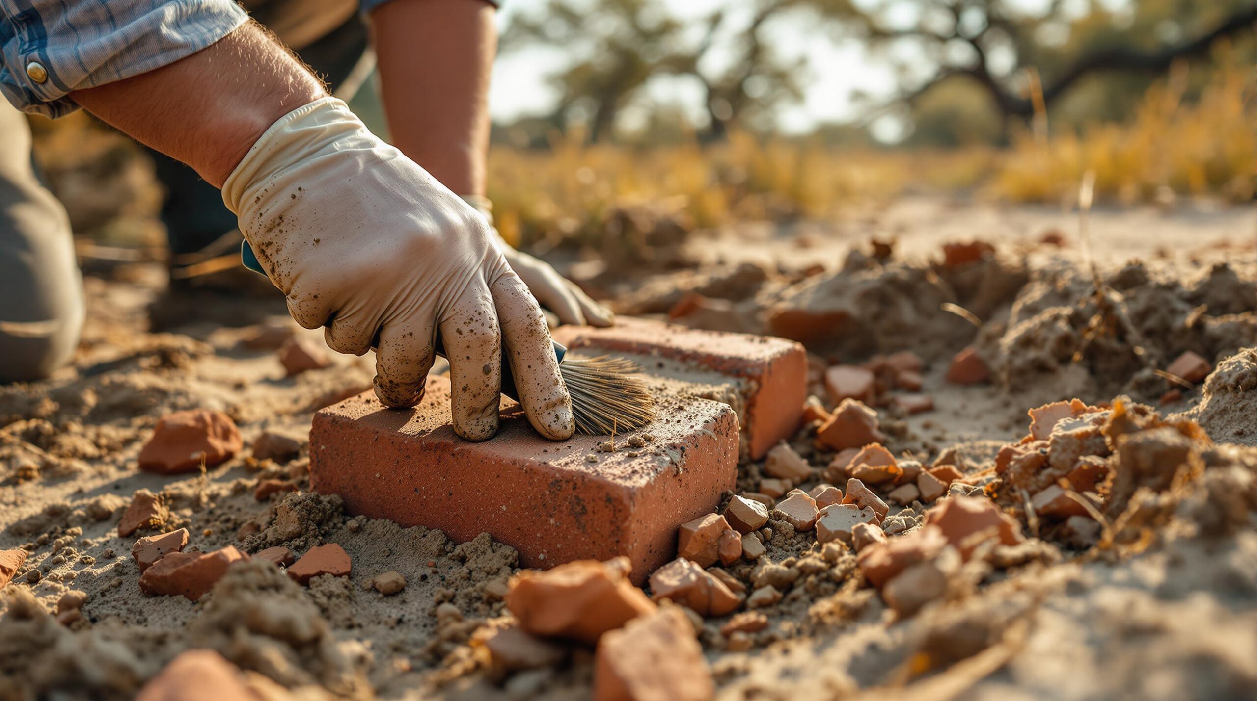 Archaeologist’s hands uncovering old bricks and pottery shards at a quiet excavation site, with soft sunlight and blurred marsh grass in the background.