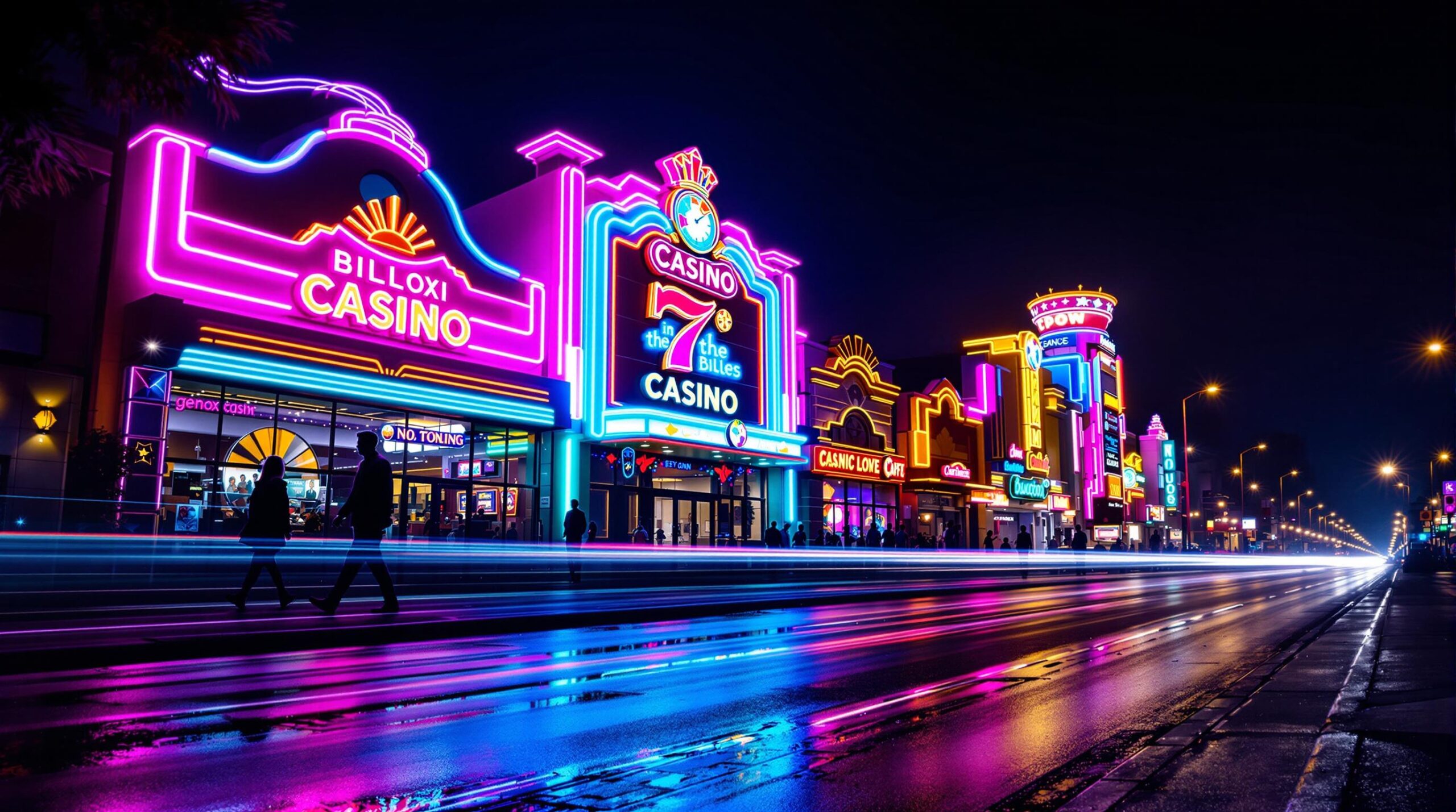 Colorful neon-lit casino facades reflecting on wet pavement at night in Biloxi, Mississippi, with silhouetted pedestrians and a softly blurred urban background