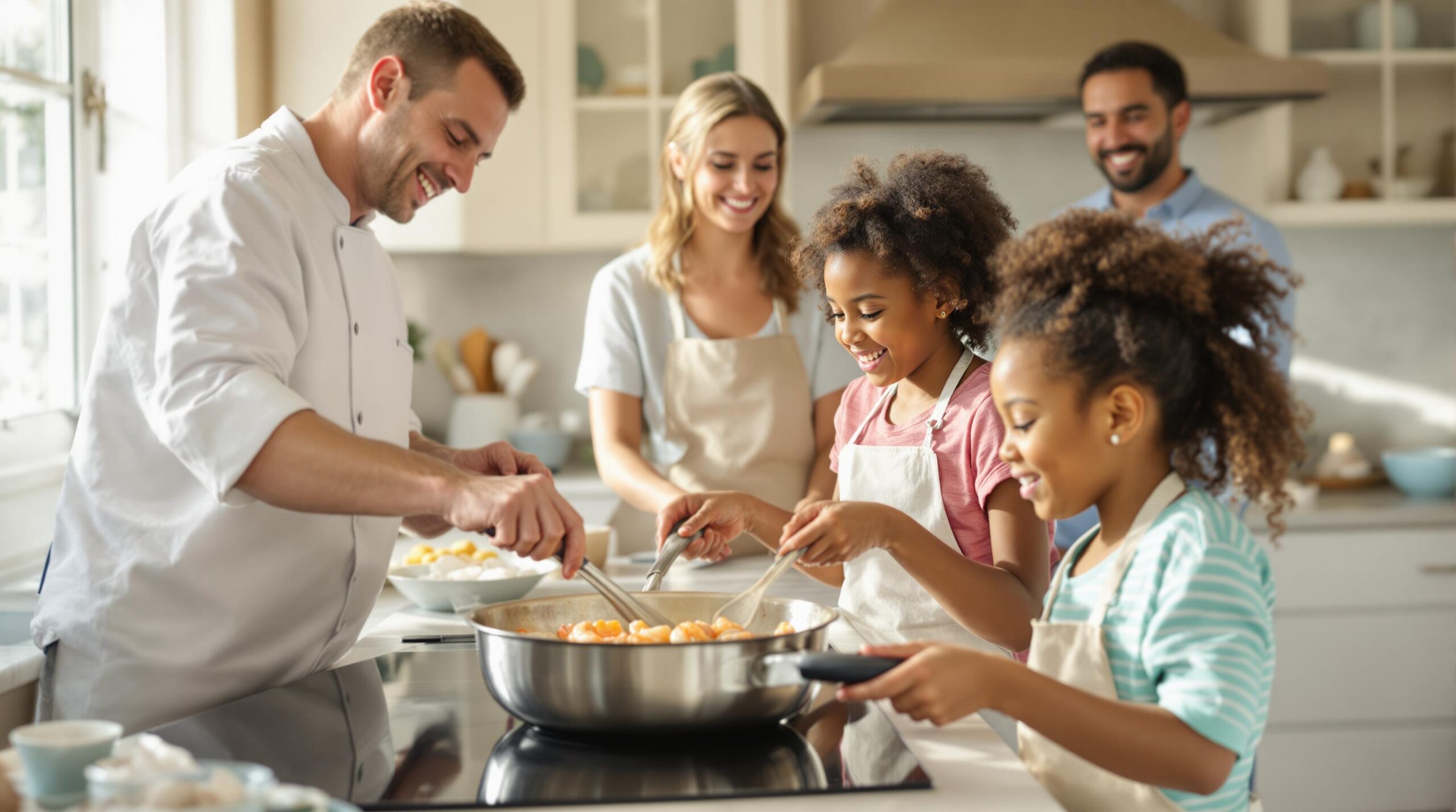 Children cooking shrimp in a teaching kitchen, guided by a chef, with parents smiling and watching in the background.