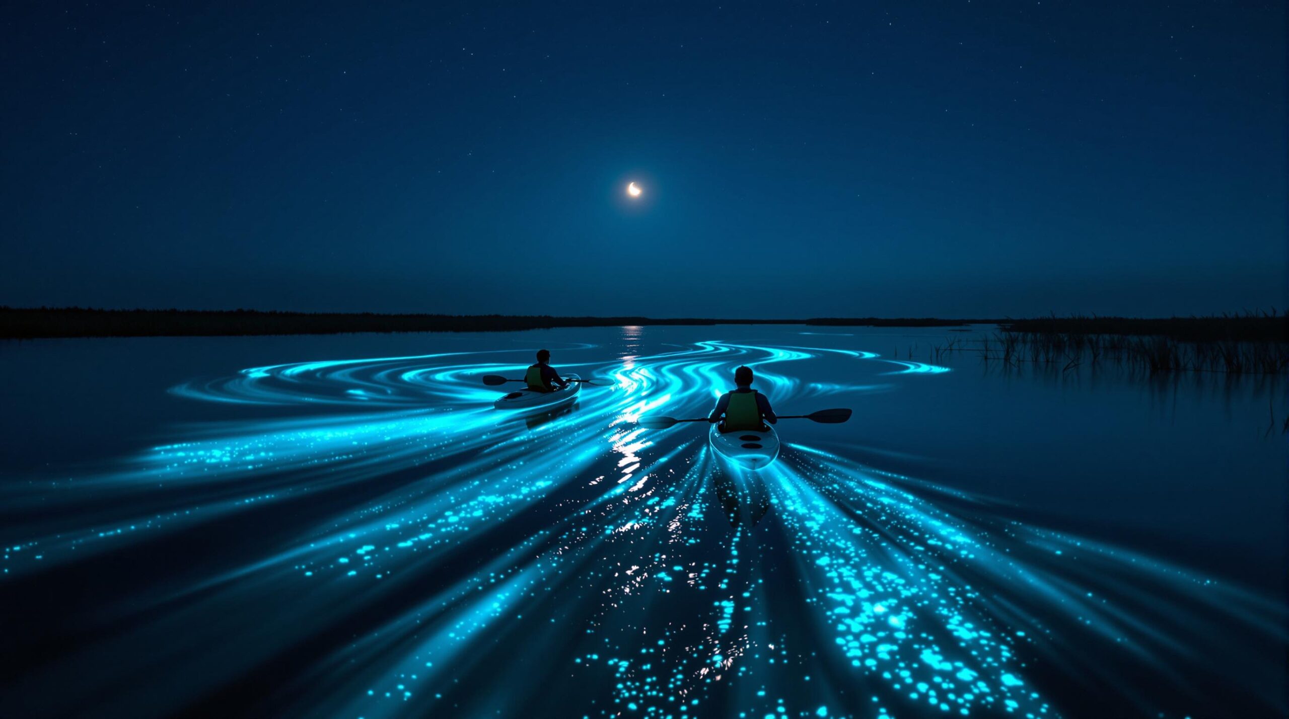Night scene of kayakers paddling on calm waters with glowing blue bioluminescence, captured low at water level with a starry sky overhead and silhouetted marsh grasses in the background, creating a peaceful and mystical coastal atmosphere.