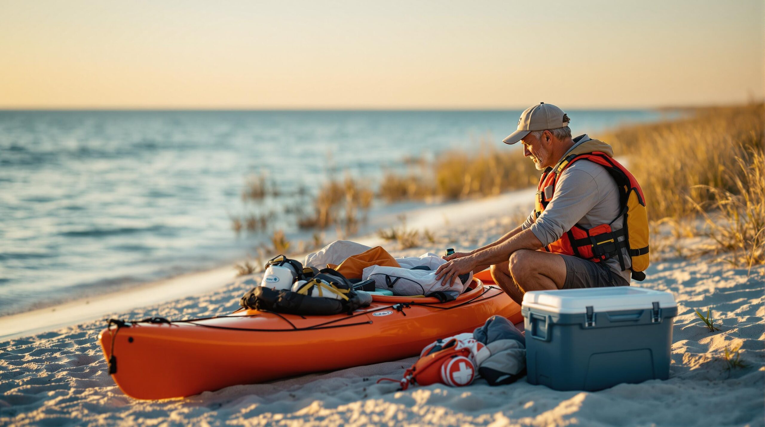 A realistic stock photo of a kayaker preparing gear on a sandy shoreline near Biloxi, Mississippi, with a bright orange kayak, dry bags, a life jacket, and a cooler, set against a calm water background with low coastal grasses and soft morning light.