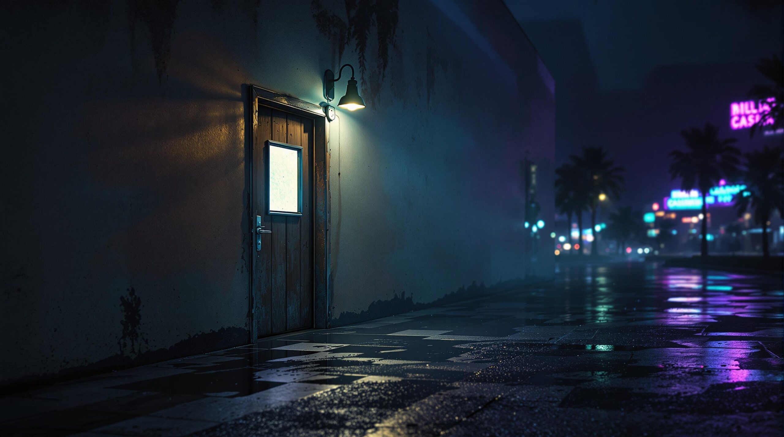 Dimly lit corridor behind a modern casino at night with a glowing wooden door, wet pavement reflecting neon lights, and palm shadows, evoking a hidden speakeasy atmosphere in Biloxi, Mississippi.