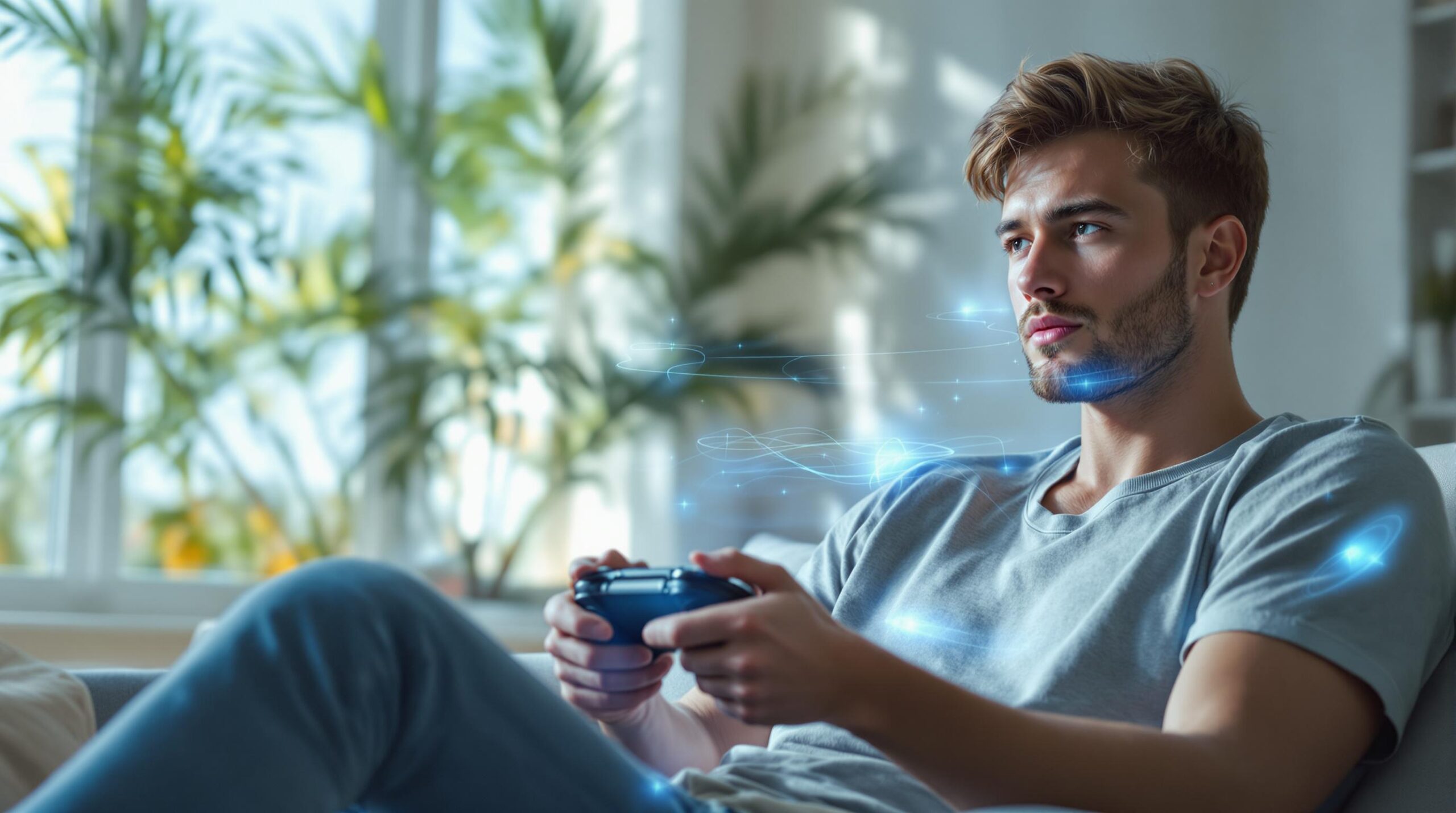 Young adult playing video game with wireless controller in a sunlit living room, blue wave patterns symbolizing cloud connectivity, palm fronds and neutral decor in background, evoking Biloxi, Mississippi.