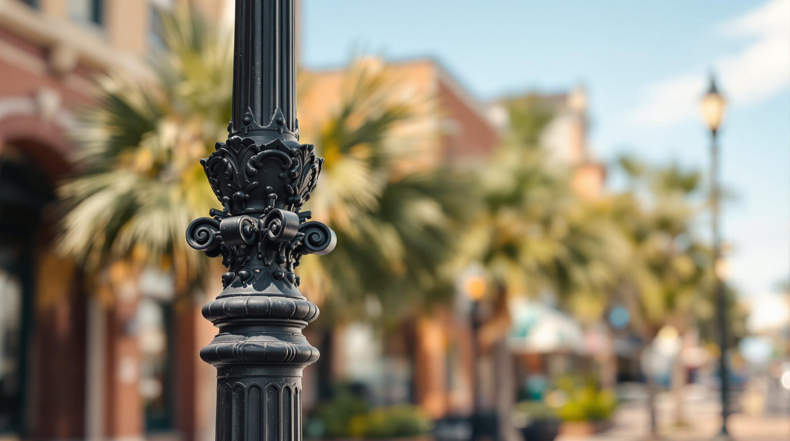Close-up of a vintage cast-iron street lamp post with decorative scrollwork on a sunlit sidewalk, blurred background of palm fronds and brick facades, evoking Southern charm and historic Biloxi Main Street.