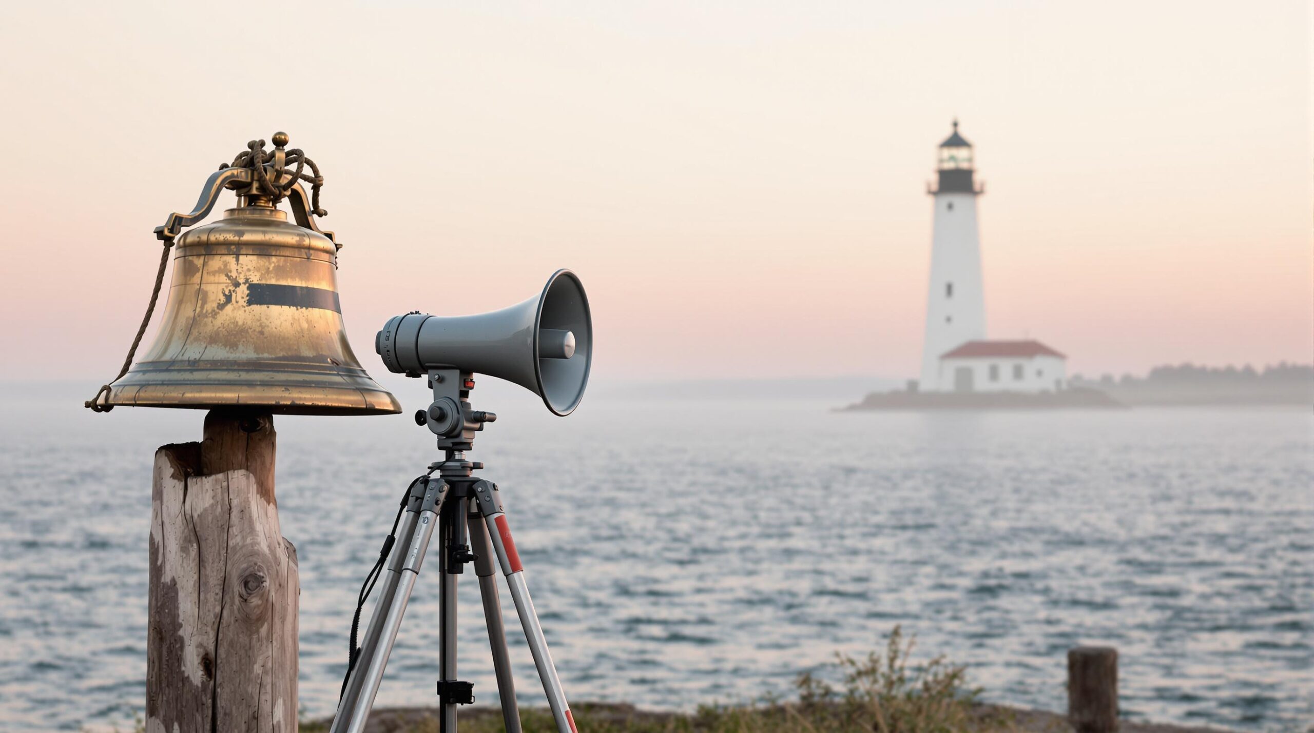 Weathered brass bell and modern foghorn in front of a generic white lighthouse at sunrise, with soft morning fog along the coast.