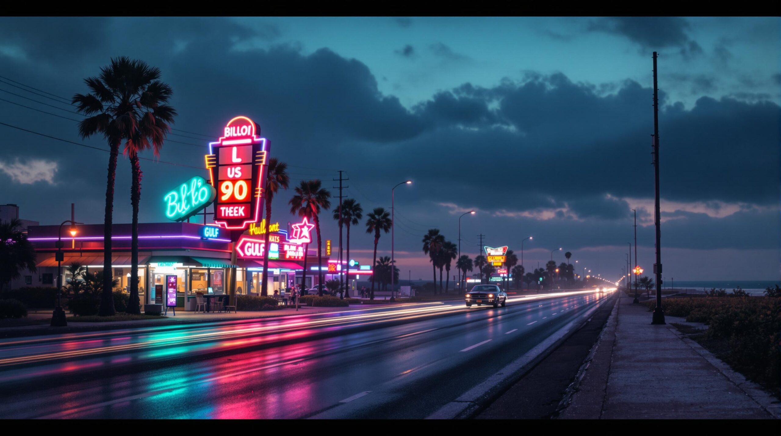 Nighttime view of a neon-lit coastal highway with palm trees, glowing retro signs, a vintage car, and reflections on wet pavement under a moody sky