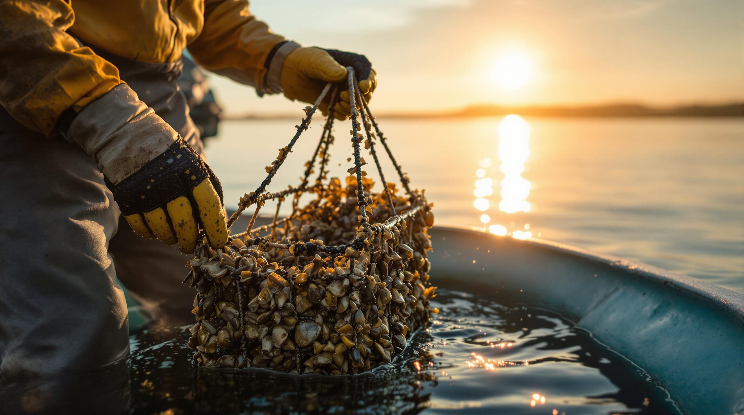 Two oyster harvesters in gloves lift an oyster cage from a small boat at dawn on calm Gulf Coast waters, with soft golden sunrise light and mist in the background.