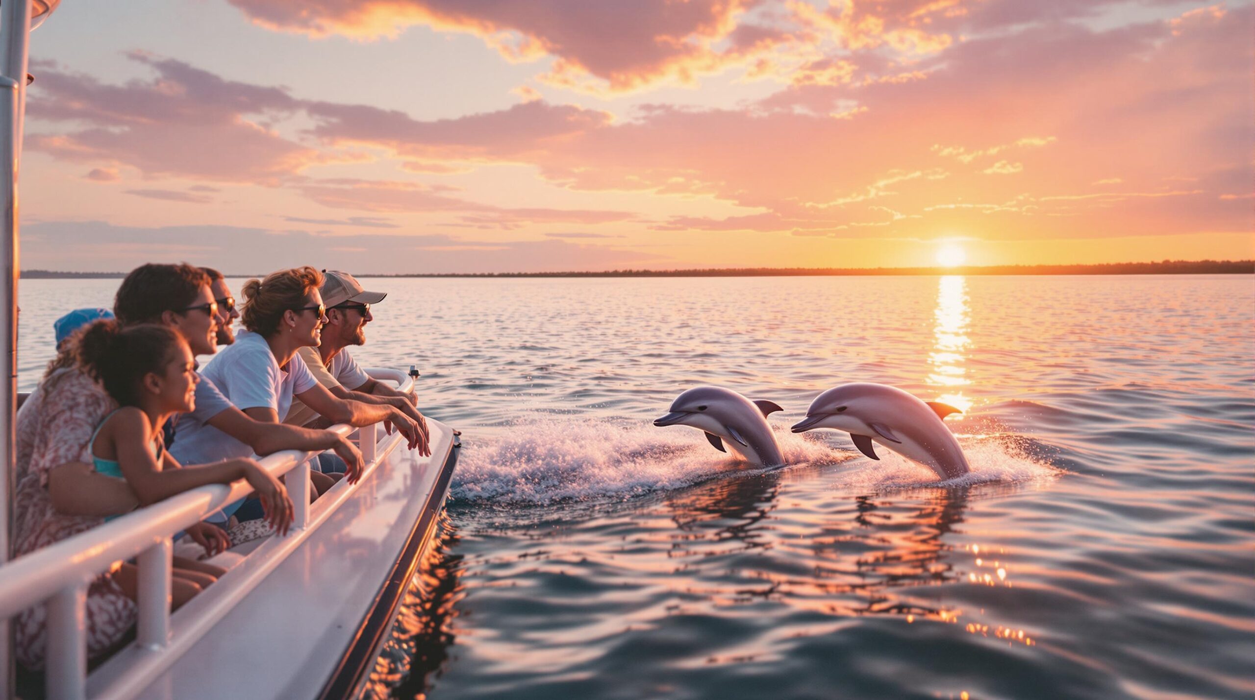 A smiling family of four leans on a boat railing, watching dolphins jump alongside at sunset on calm Gulf waters, with warm orange and pink light reflecting on the sea.