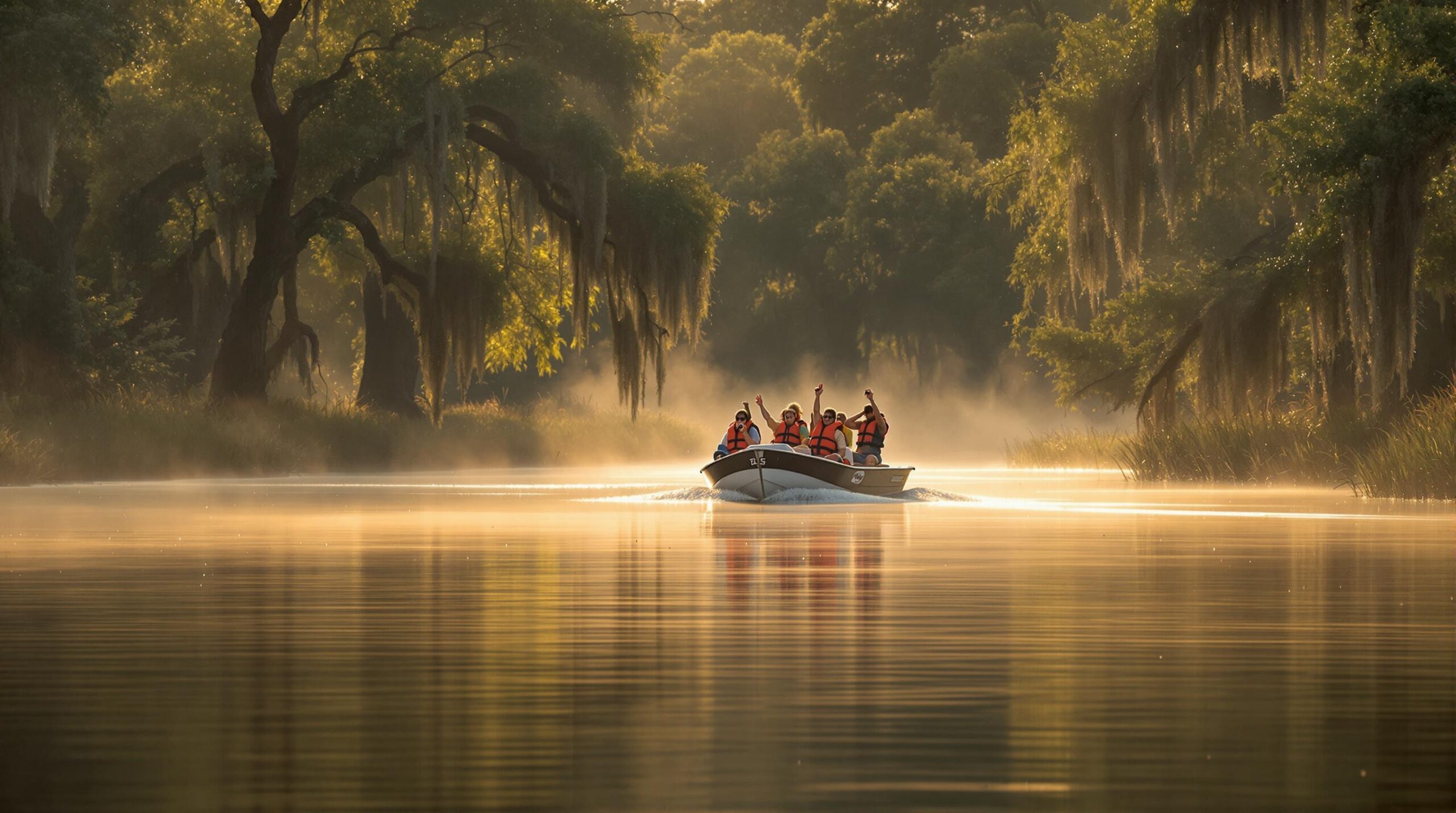 A realistic stock photo of tourists in a small eco-tour boat on a calm river during early morning, with a tidal bore ripple approaching. The scene features a tree-lined riverbank with soft mist, reflections on the water, and a warm golden-hour light. The background shows indistinct silhouettes of grasses and trees, capturing an atmosphere of quiet anticipation without any identifiable landmarks.
