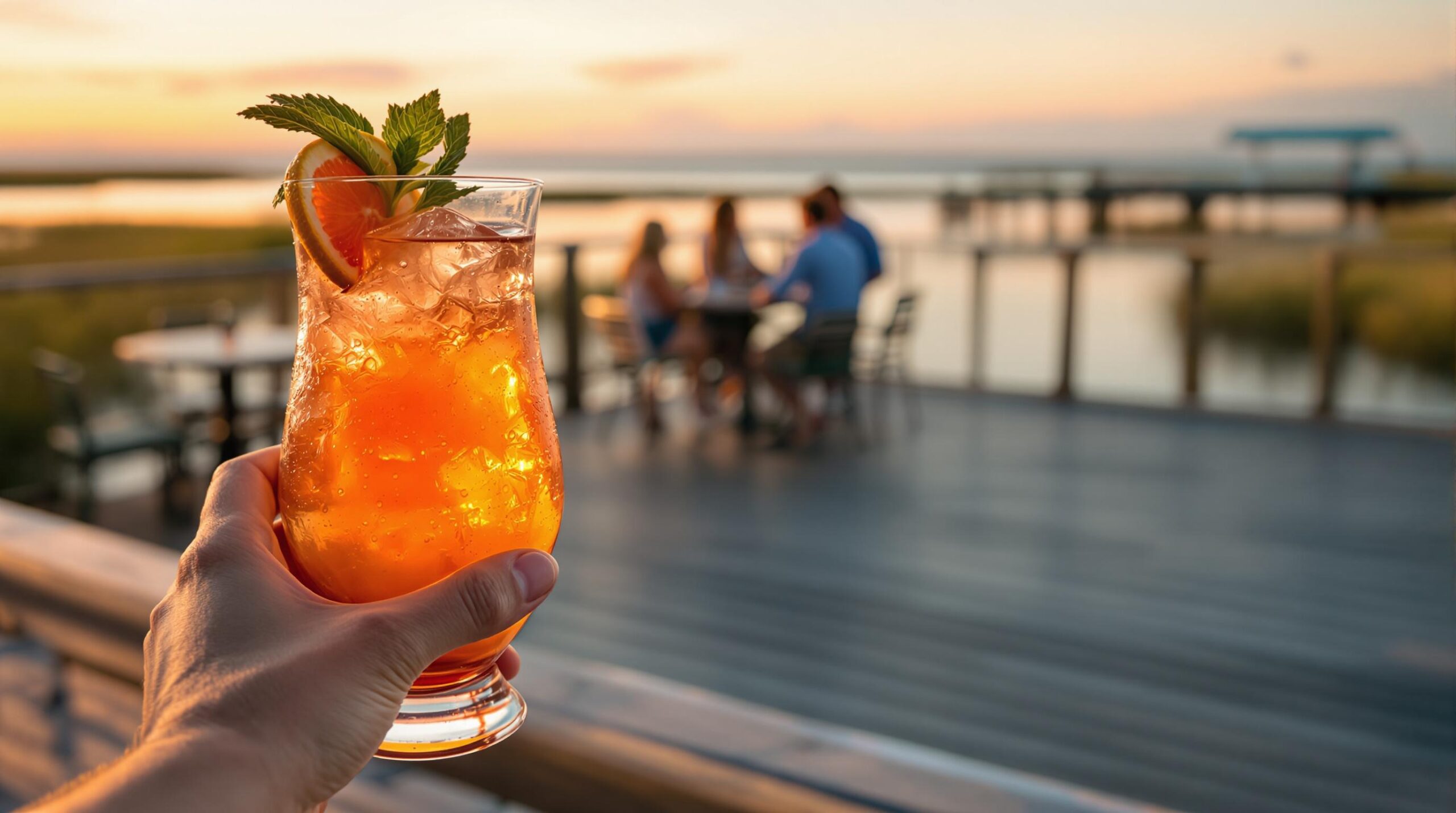 Hand holding a colorful sunset cocktail on a wooden deck overlooking calm water at dusk, with a small group of friends relaxing in the background under warm string lights, evoking a peaceful Gulf Coast evening.