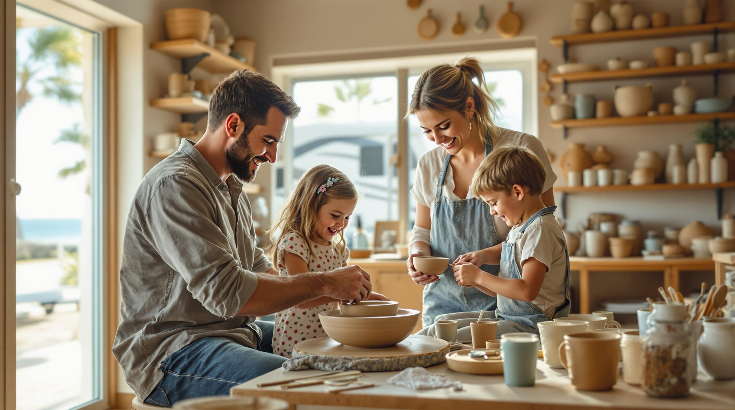 A smiling family enjoys a pottery session in a bright studio, with a father helping his daughter at a pottery wheel and an RV visible outside the window in a sunny, coastal setting.